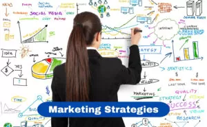 Marketing Strategies Woman drawing marketing strategy concepts on a whiteboard.