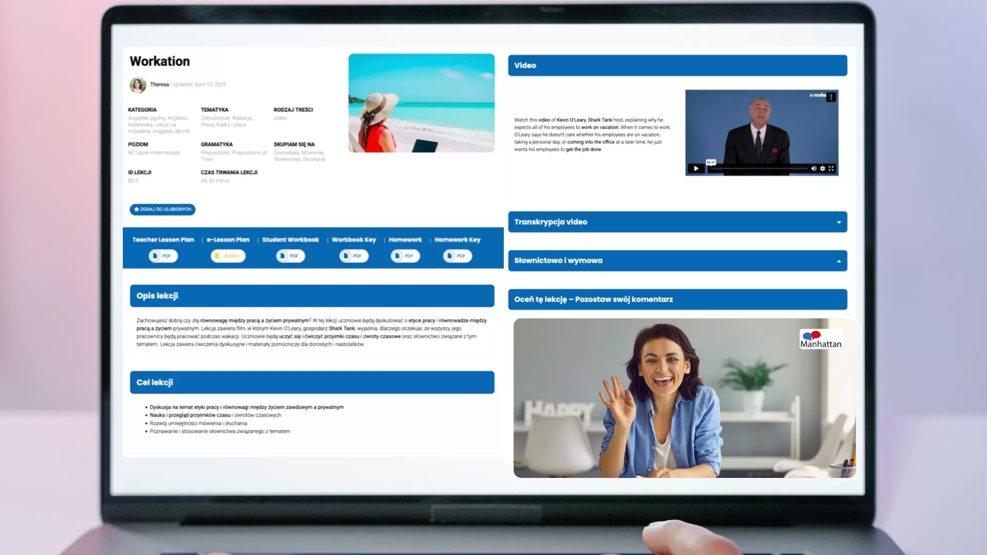 Lekcja angielskiego online po tytułem Workation - widoczne zdjęcie lektora oraz materiałów na platformie amerilingua.com